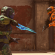One of Halo Infinite's Spartans ambushes another with an energy weapon.